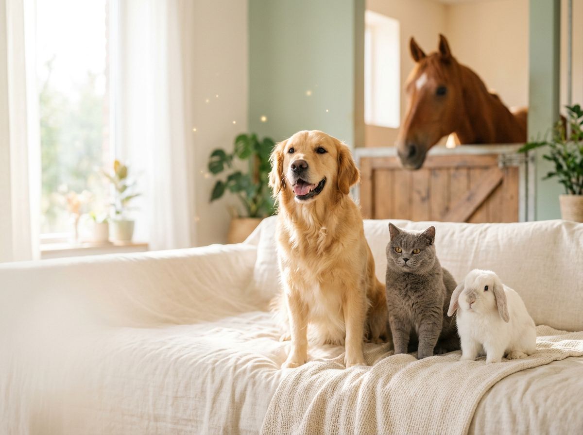 A happy dog, cat and rabbit together with a horse in the background