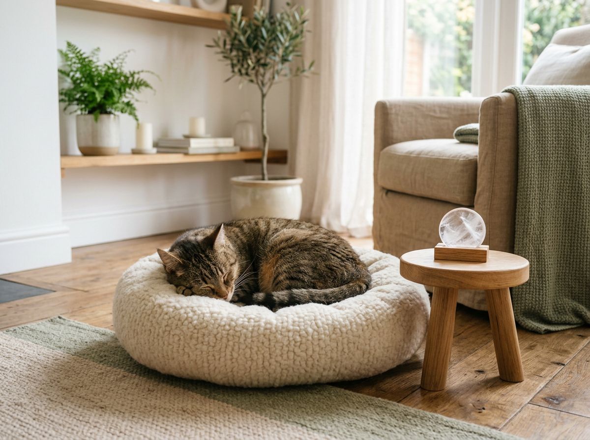 Cat sleeping on a bed with a crystal tag nearby