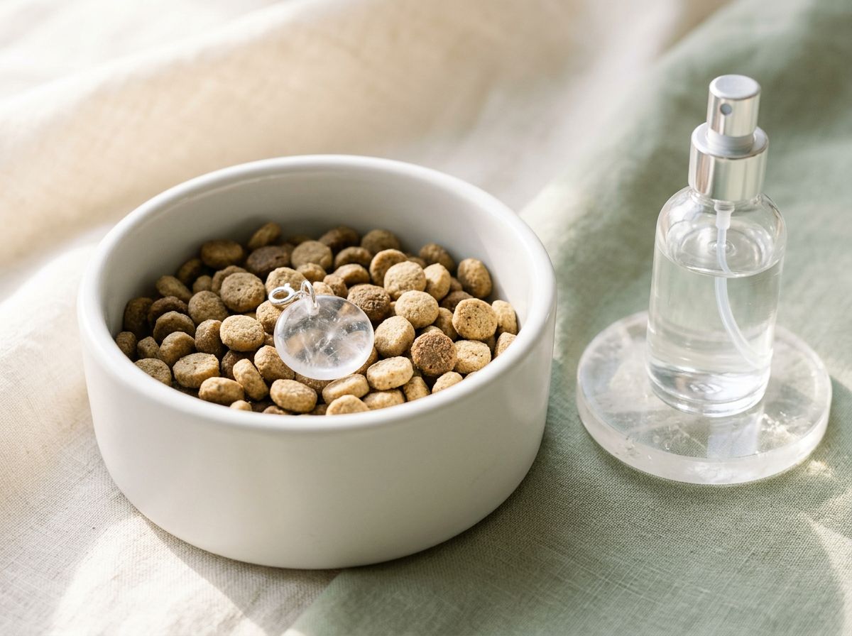 Crystal Treatment Tag on pet food beside a glass water bottle